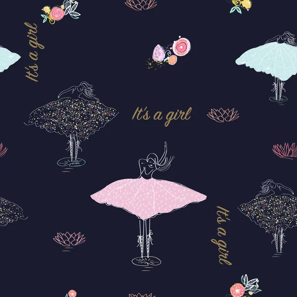 Seamless ballerina symbols, flowers and lotus flowers. It\'s a girl, newborn baby shower. Hand drawn seamless pattern for fabric design
