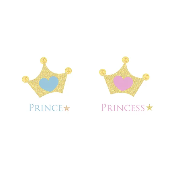 金王冠 王子和公主 婴儿性别揭示 金冠闪烁着粉色和蓝色的心 — 图库矢量图片