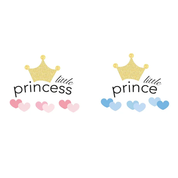 金王冠 王子和公主 婴儿性别揭示 金冠闪烁着粉色和蓝色的心 — 图库矢量图片