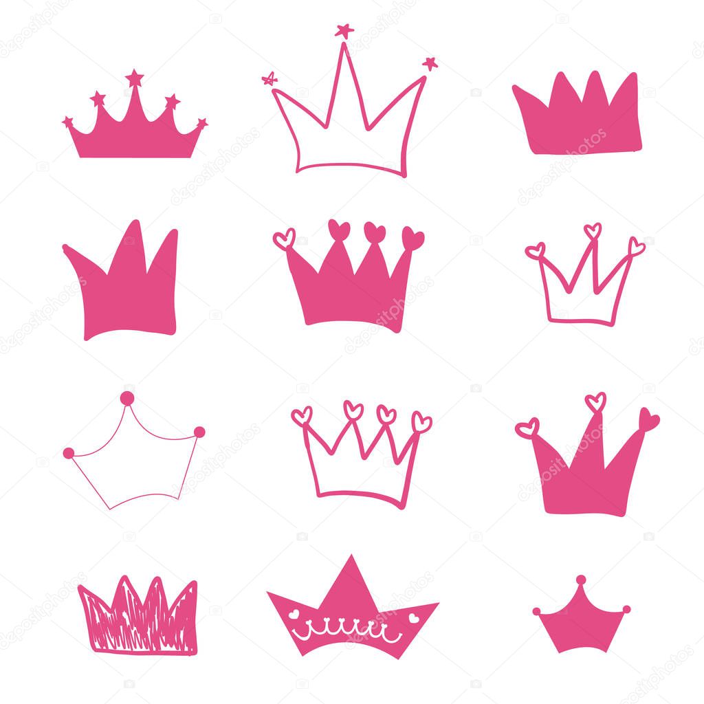 Hand drawn doodle black crown illustration set