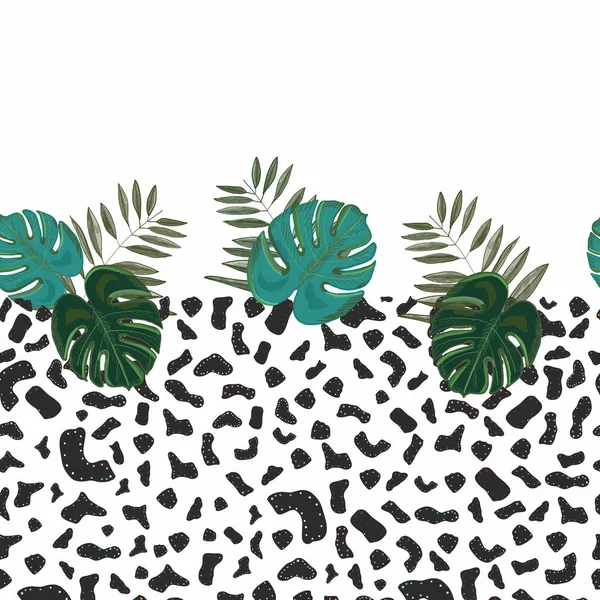 Leopard pattern with hand drawn monstera leaves . Border design tropical vector seamless floral pattern background. Decorative beautiful illustration wallpaper