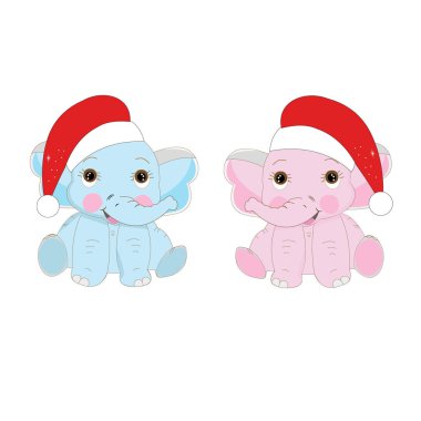 Noel Baba şapkalı bebek filler. Mutlu yıllar ve mutlu Noeller. Oğlan oldu. Bu bir kız. Bebek partisi, doğum günü tebrik kartı.