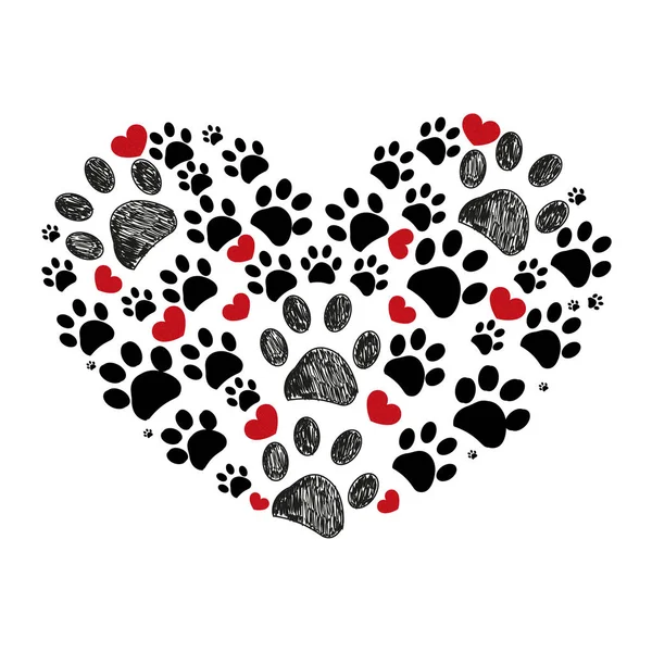 Black Red Doodle Dog Paw Print Made Heart Vector Illustration — Stock Vector