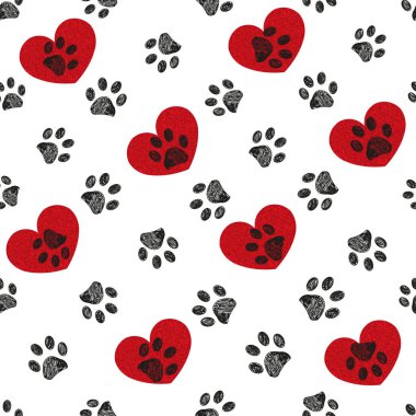 Doodle black paw print seamless pattern