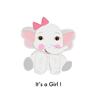 Baby elephant.It's a girl. Baby shower, birthday greeting card