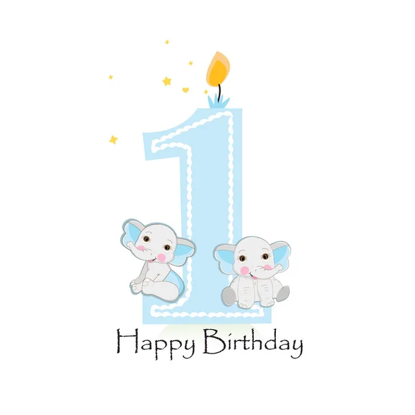 Happy First Birthday Baby Boy Elephants Baby Greeting Card — Stock Vector