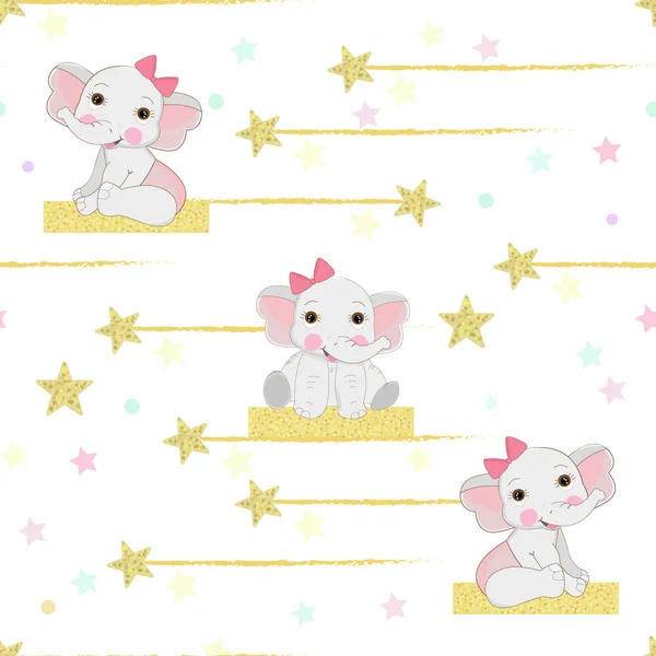 Cute Elephant Shining Stars Seamless Pattern — ストックベクタ