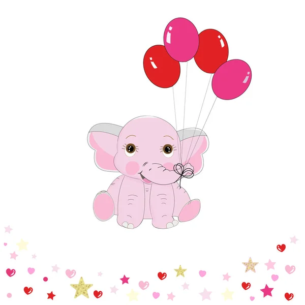 Cute Elephant Pink Red Balloon Happy Valentine Day Greeting Card — Stock Vector