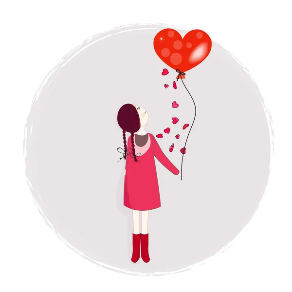 Girl Holding Red Heart Ballon Red Doodle Heart Happy Valentine — 스톡 벡터