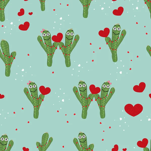 Coppia Cactus Possesso Cuori Rossi Brillanti Modello Senza Cuciture Cactus — Vettoriale Stock
