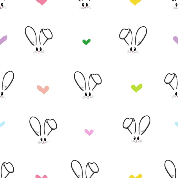 Cute Bunny Rabbit Face Colorful Hearts Easter Pattern Background Happy — Stok Vektör