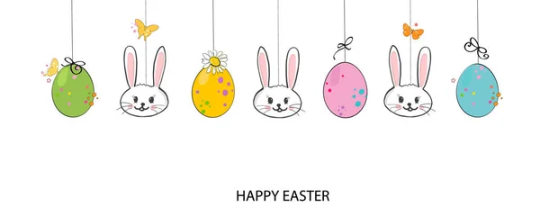 Cute Bunny Rabbit Hanging Easter Eggs Happy Easter Greeting Card — Stok Vektör