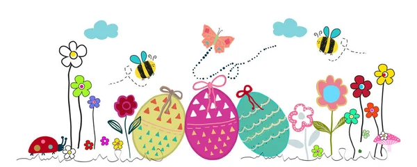 Colorful Easter Banner Meadow Egg Flowers Easter Spring Time Vector — Stock Vector