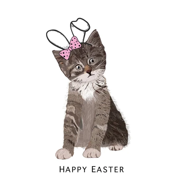 Cute Hand Drawn Cat Easter Bunny Ear Pink Ribbon Funny — Stok Vektör