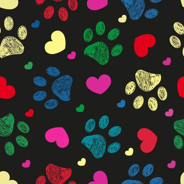 Doodle Colorful Paw Prints Hearts Seamless Fabric Design Pattern Vector — 图库矢量图片