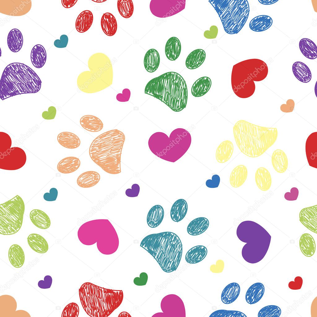 Doodle colorful paw prints with hearts seamless fabric design pattern vector background
