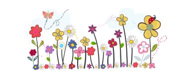 Spring time cartoon colorful doodle flowers banner style. Abstract colorful floral vector background