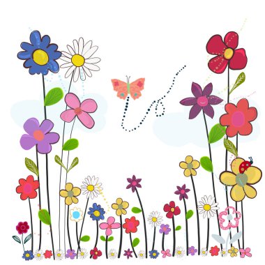 Spring time cartoon colorful doodle flowers. Abstract colorful floral vector background