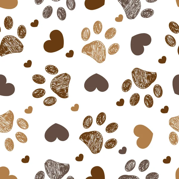 Doodle Brown Paw Prints Hearts Seamless Fabric Design Pattern Vector — ストックベクタ