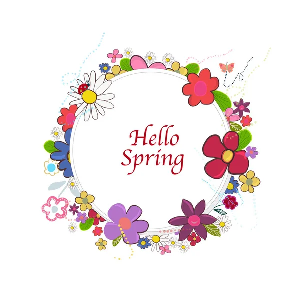 Hello Spring Text Spring Time Cartoon Colorful Doodle Flowers Circle — Stok Vektör