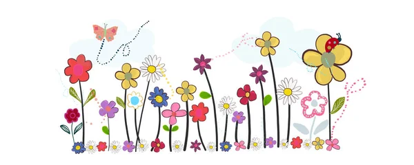 Primavera Tempo Cartone Animato Colorato Scarabocchio Fiori Banner Stile Astratto — Vettoriale Stock