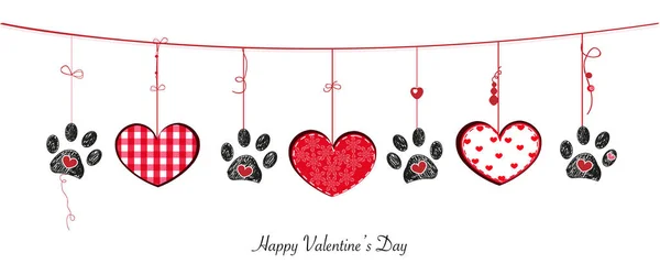 Black Paw Prints Hanging Retro Beautiful Hearts Happy Valentine Day — 스톡 벡터