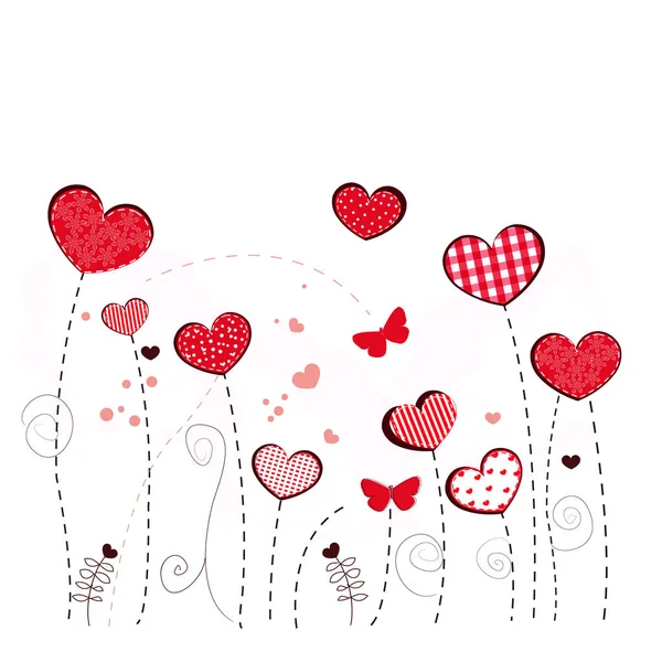 Rote Herzblumen Und Schmetterling Happy Valentinstag Muttertag Grußkarte Hintergrund Vektor — Stockvektor