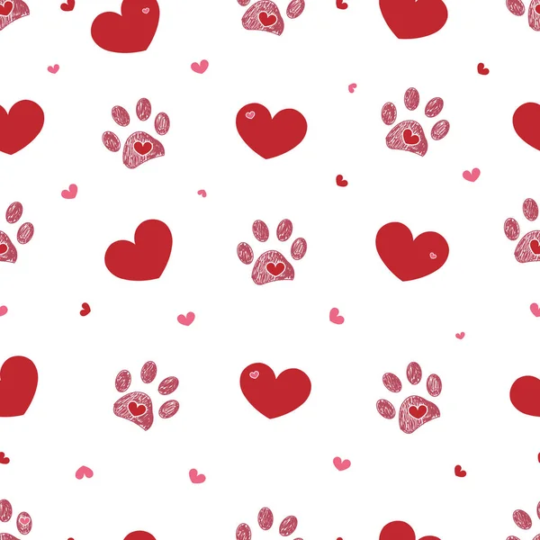 Empreinte Patte Doodle Rouge Avec Des Coeurs Joyeuse Saint Valentin — Image vectorielle
