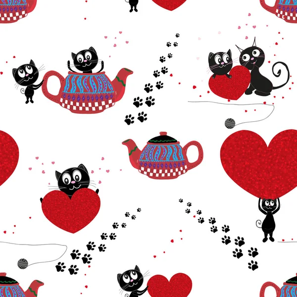 Teapot Black Cats Happy Valentine Day Seamless Fabric Design Pattern — ストックベクタ