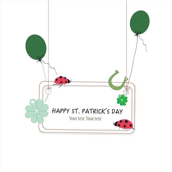 Patrick Day Hanging Good Luck Greeting Card Ladybird Horseshoe Green — Stock Vector