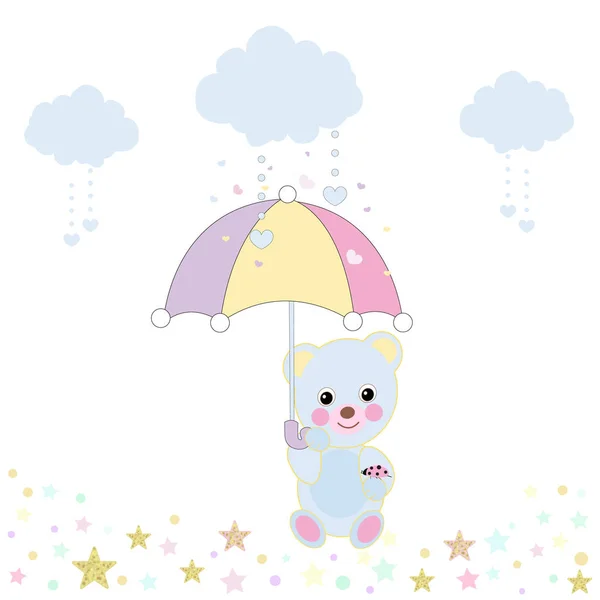 Baby Shower Greeting Card Teddy Bear Umbrella Cloud Stars Greeting — Stock Vector
