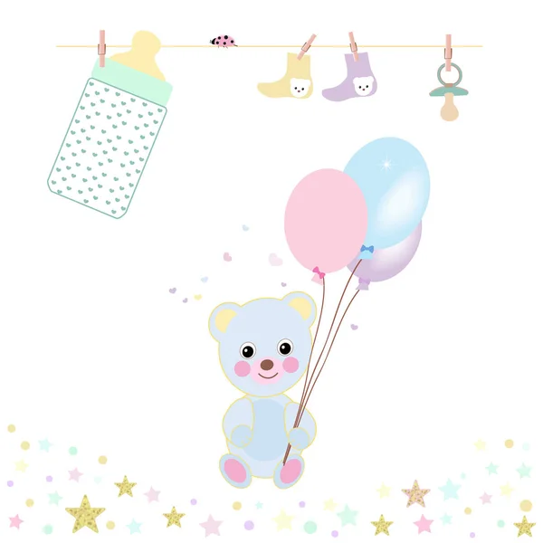 Baby Shower Greeting Card Teddy Bear Balloon Bottle Sock Stars — Stock Vector