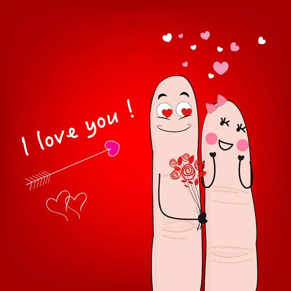 Happy Finger Couple Giving Flowers Red Background Love You Text — Stok Vektör
