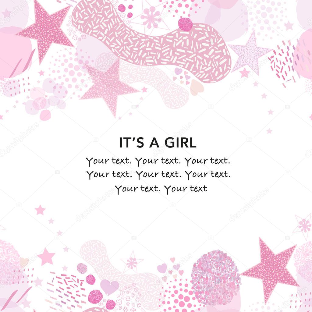  Abstract baby shower background. It's a girl. Baby shower greeting card with hand drawn pink stars, hearts and lines greeting card. Baby first birthday, t-shirt, baby shower, baby gender reveal party design element vector
