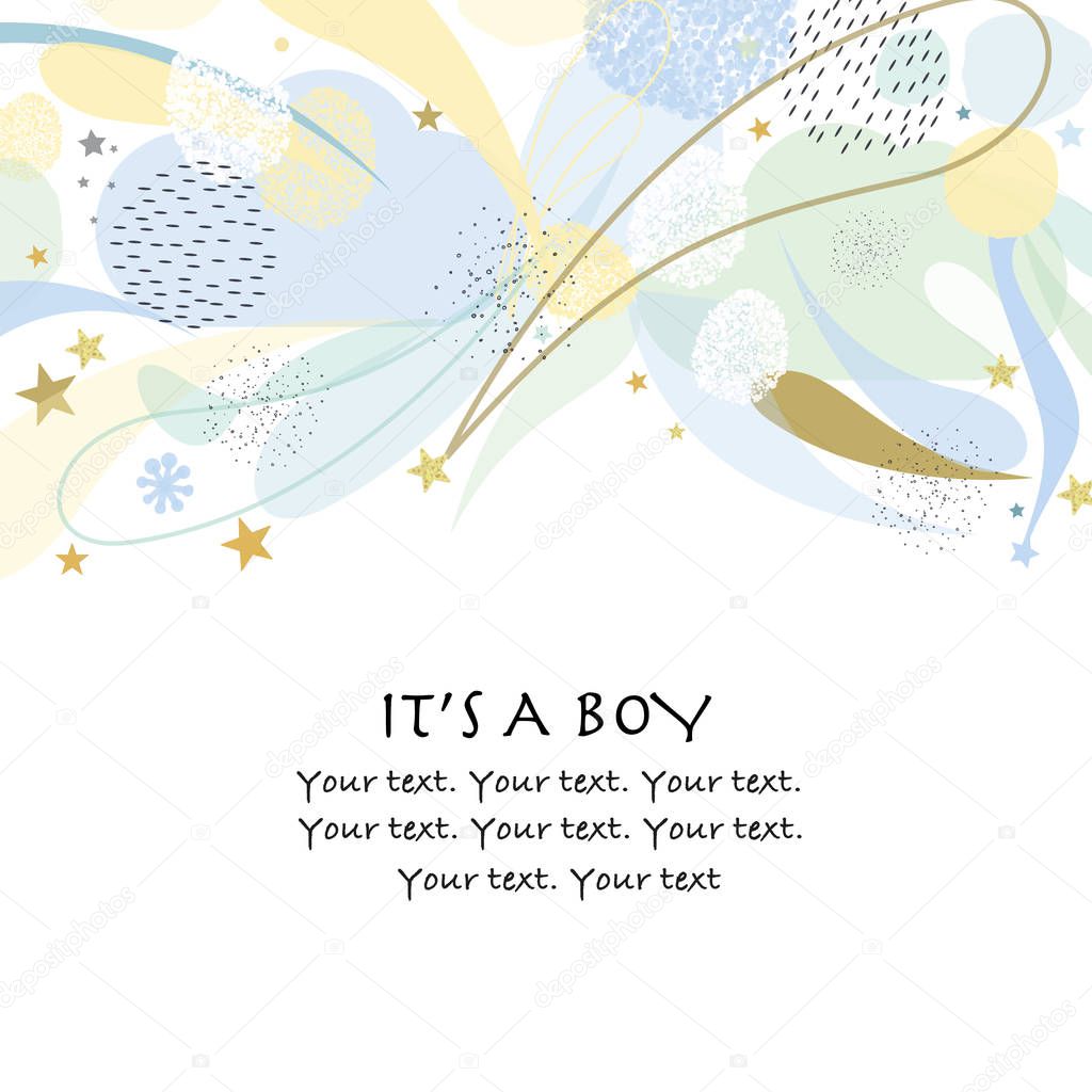It's a boy. Baby shower greeting card with raindrop cloud, square, dots and stars greeting card. Baby first birthday, t-shirt, baby shower, baby gender reveal party design element vector