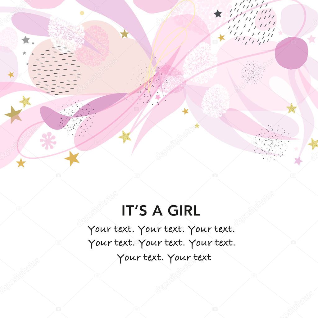 It's a girl. Baby shower greeting card with raindrop cloud, square, dots and stars greeting card. Baby first birthday, t-shirt, baby shower, baby gender reveal party design element vector