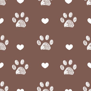 Beyaz pençe izlerini ve kahverengi arka planı kumaş için pürüzsüz desenli kalp vektörünü karala