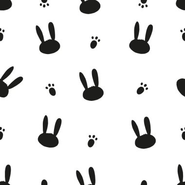 Cute bunny or rabbit and black and white easter pattern with bunny foot prints. Happy Easter background, advertisement, fabric design seamless pattern vector illustration clipart