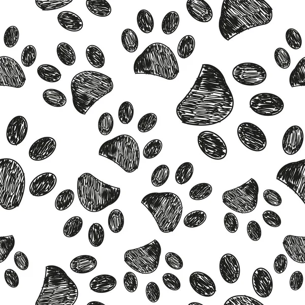 Doodle Black Paw Prints Vector White Background Seamless Pattern Fabric — Stock Vector