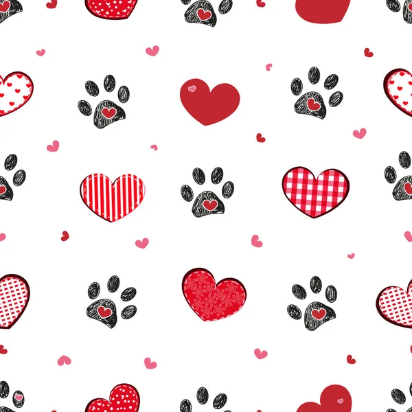 Black Doodle Paw Print Retro Beautiful Hearts Happy Valentine Day — Stok Vektör