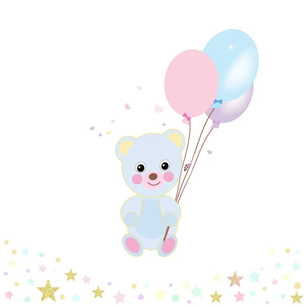 Baby Shower Grußkarte Mit Teddybär Und Ballon Grußkarte Baby Erster — Stockvektor