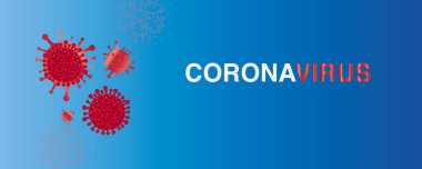 Kırmızı Corona virüsü enfeksiyonu ve mavi pankart arkaplanı. Corona virüsü mikrop taşıyıcısı. Corona virüsü işareti salgın geçmişini anlamsızlaştır