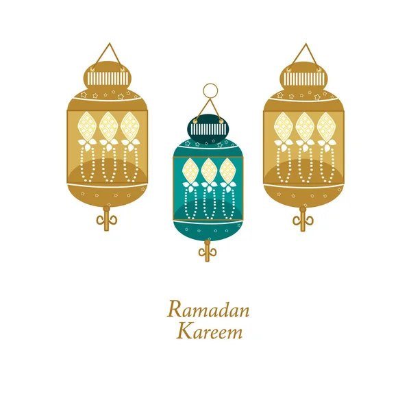 手描きラマダーンKareem金と緑のランプ 三日月と星で着色 ラマダンのグリーティングカードの背景の伝統的な提灯 — ストックベクタ