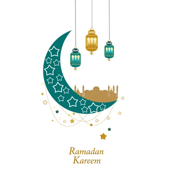 Ramadan Grußkarte Mit Goldenem Und Grünem Mond Halbmond Silhouette Und — Stockvektor