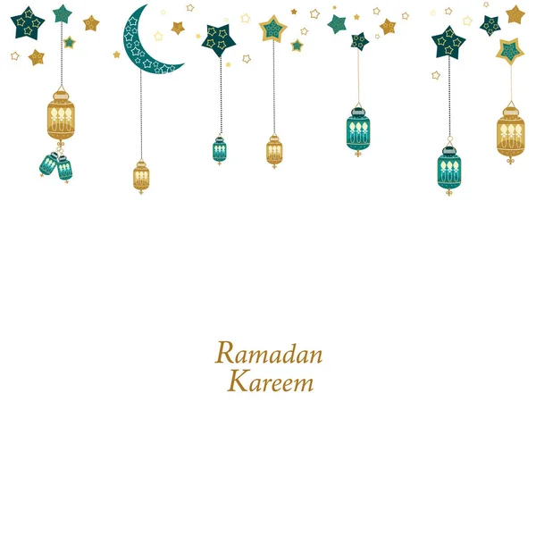 Handgetekende Ramadan Kareem Goud Groen Gekleurd Met Hanglampen Halvemaantjes Sterren — Stockvector