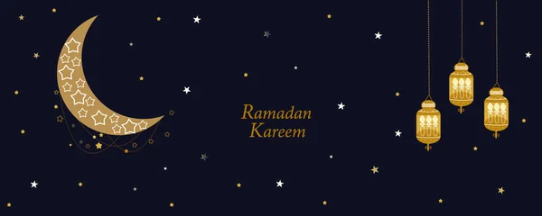 Ramadan Nacht Gouden Maan Halve Maan Sterren Traditionele Lantaarn Ramadan — Stockvector