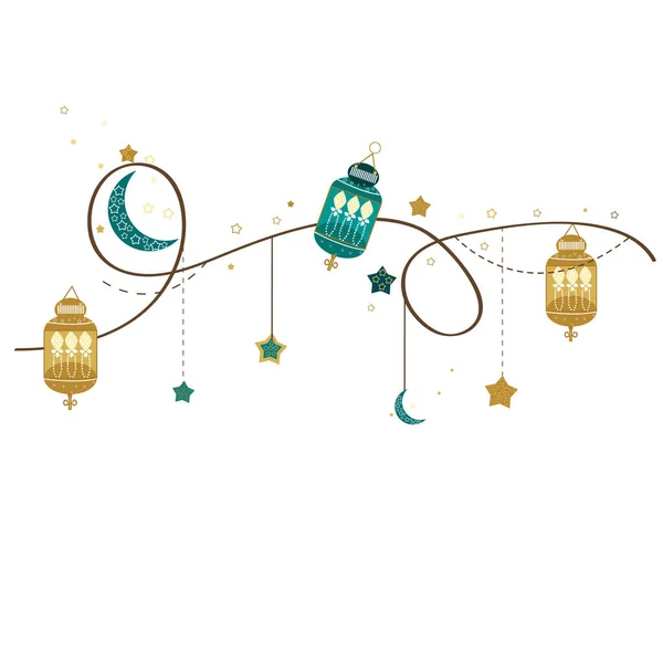 Ramadán Kareem Zlaté Zelené Barvy Visícími Lampami Půlměsíci Hvězdami Rámu — Stockový vektor