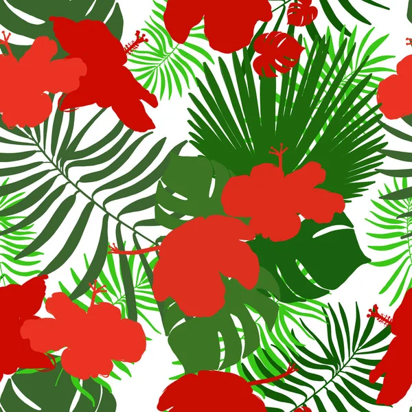 Hand Drawn Hibiscus Tropical Leaves Red Green Colored Seamless Summer — Stock Vector