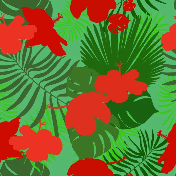 Handgezeichneter Hibiskus Tropische Blätter Rot Und Grün Gefärbt Nahtlose Sommerzeit — Stockvektor
