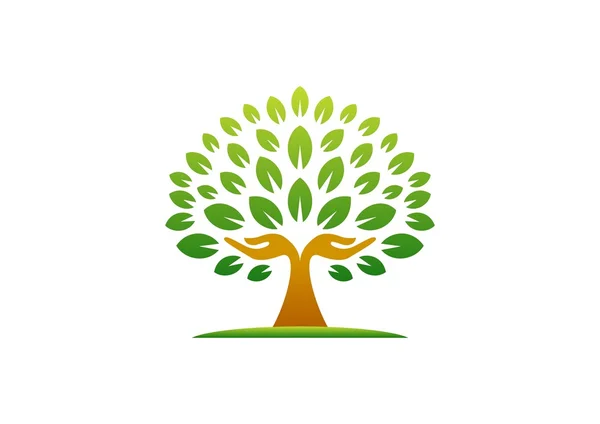 Logotipo del árbol de la mano, manos naturales icono del concepto de bienestar del árbol, yoga cuidado de la salud símbolo vector de diseño — Vector de stock